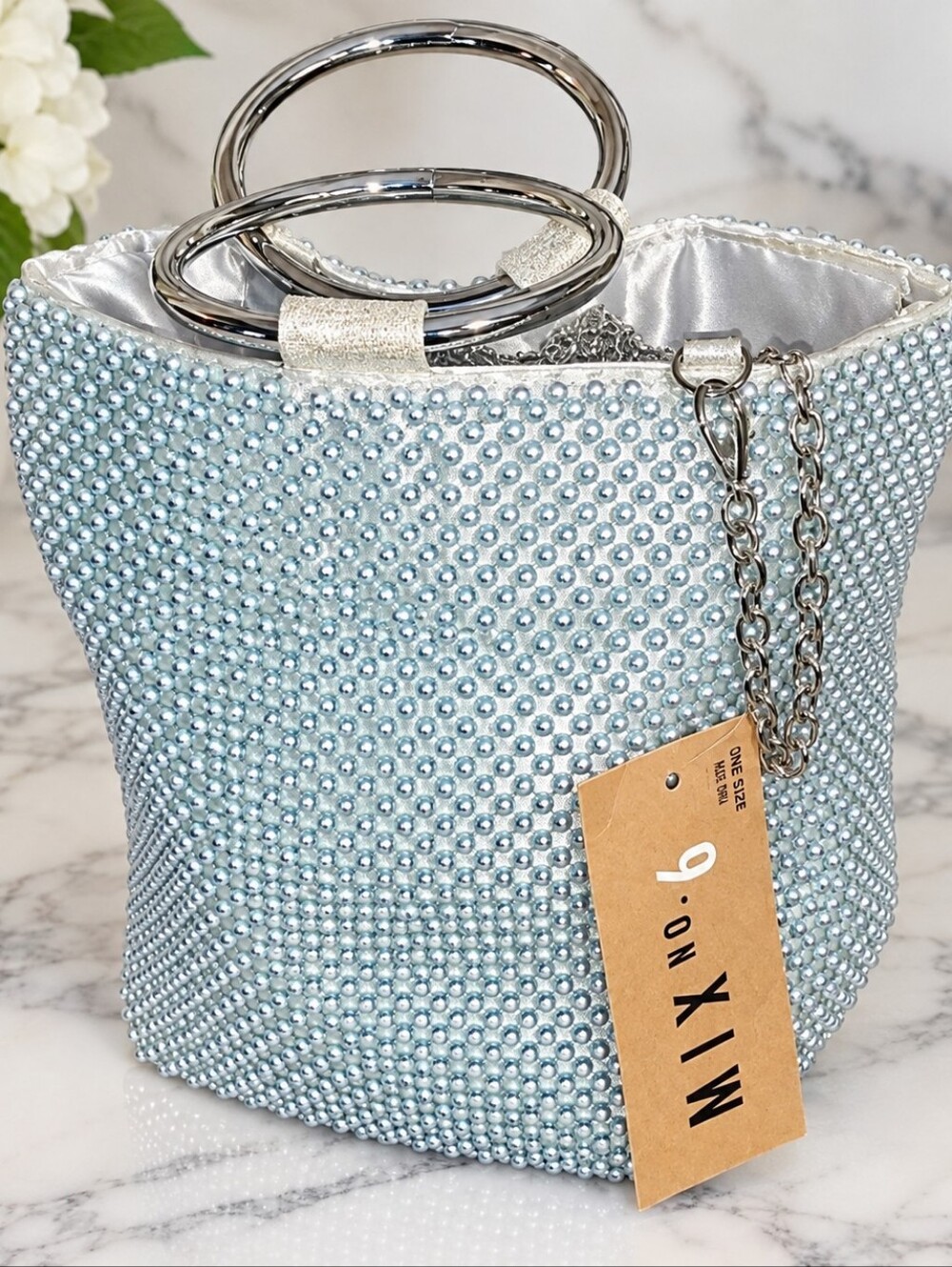 Mix No. 6 Silver Beaded Mini Crossbody Evening Bag NWT